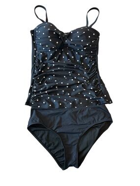 RELLECIGA NWT Women's Black & White Polka Dot Ruched Tankini Top And Bottom Sz M